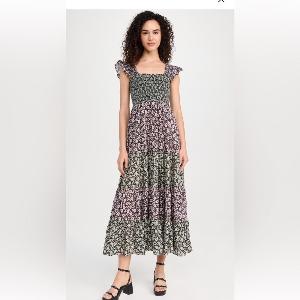 RIXO Black and White Smocked Tiered Maxi Sundress